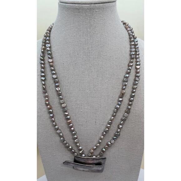 Double Strand Grey Freshwater Pearl Necklace with Modern Sterling Silver Pendant - Picture 2 of 8
